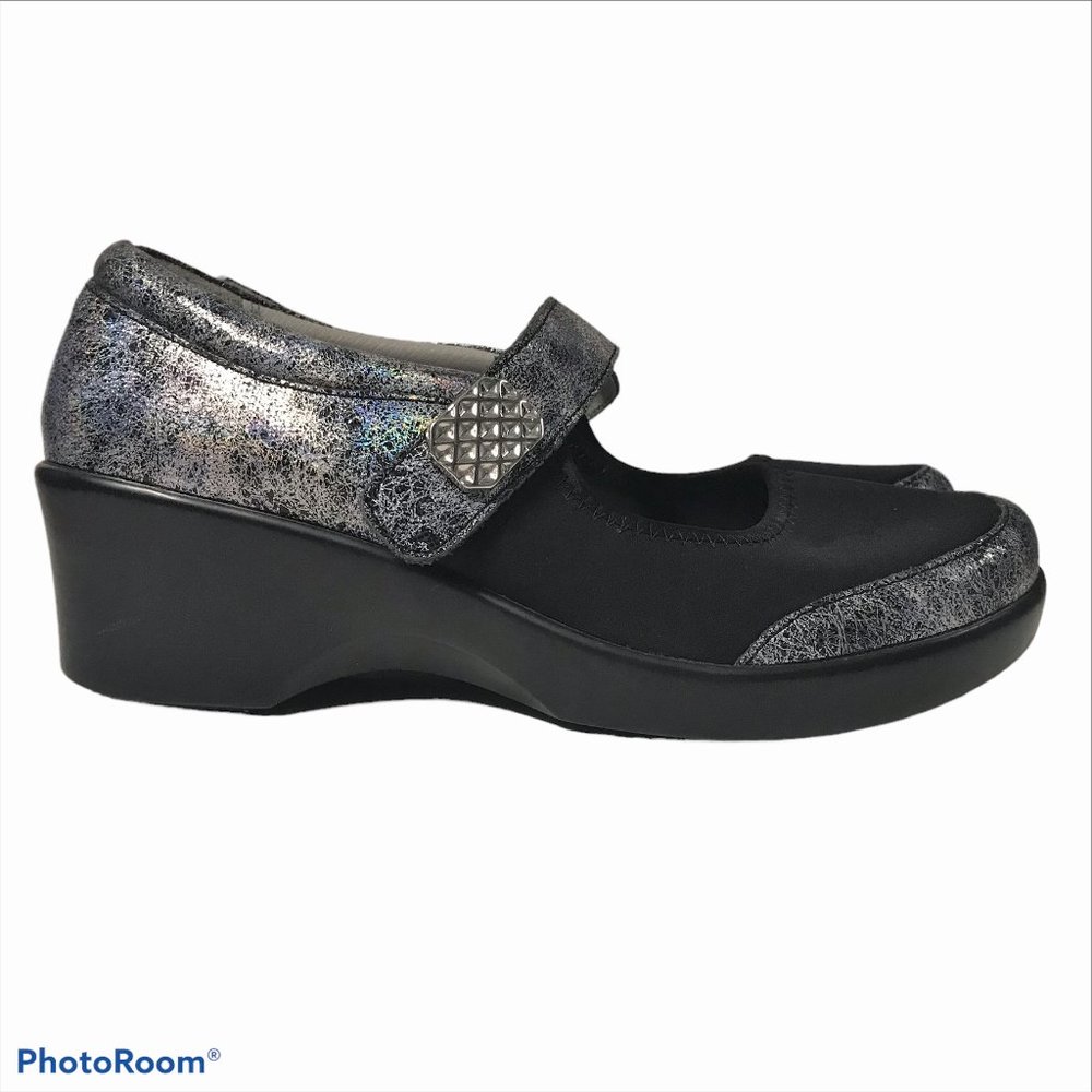 ALEGRIA Womens 9/39 Mary Jane Black & Silver Leather & Textile